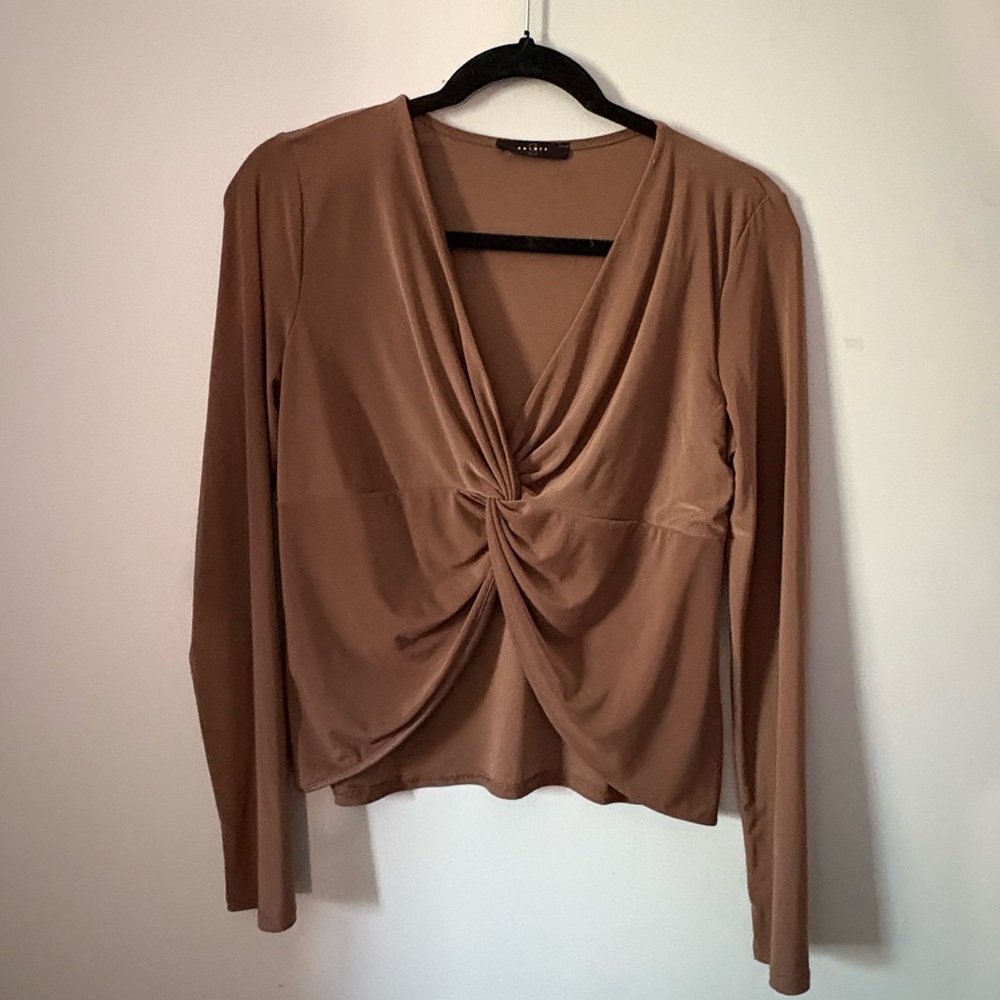 Chic Brown Ruched Tie Front Long Sleeve Blouse